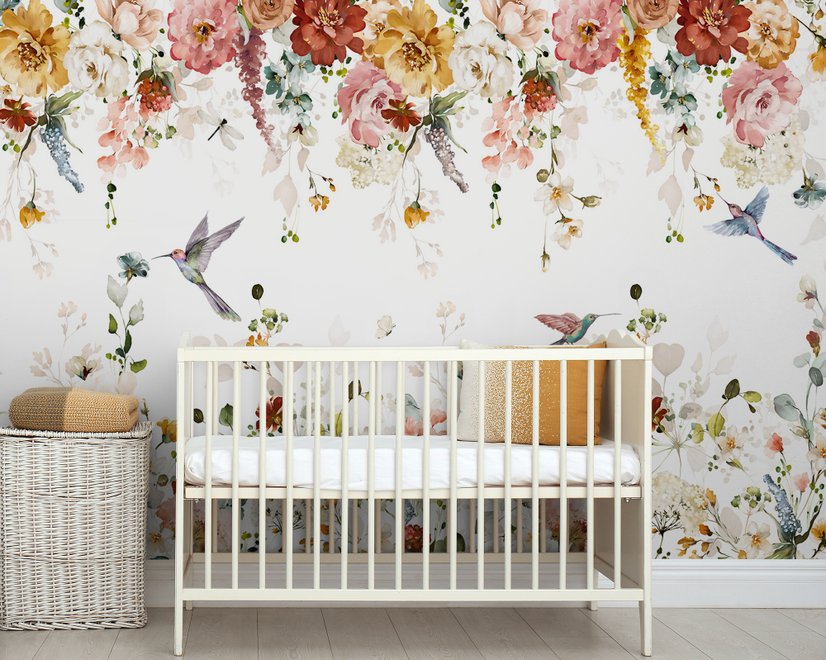 Watercolor Soft Floral with Birds Wallpaper Mural
