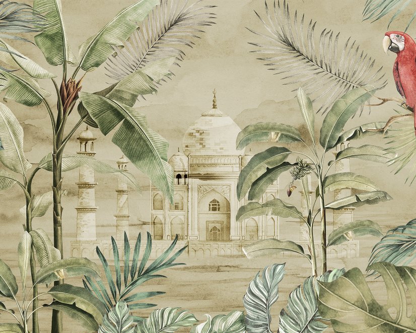 Taj Mahal and Vintage Leaf Wallpaper Mural
