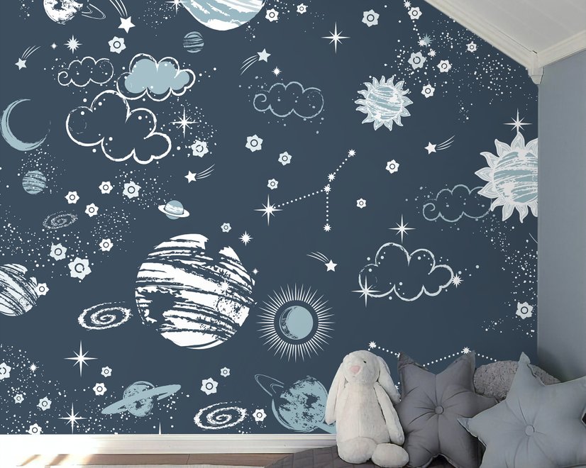 Papier peint panoramique de l'espace sombre, du ciel étoilé et des planètes bleues