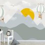 Papier peint panoramique pour la chambre d'enfant, paysage de montagne avec montgolfière