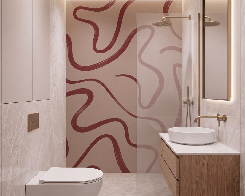 Burgundy-red looping contour lines on blush cream pink wallpaper mural