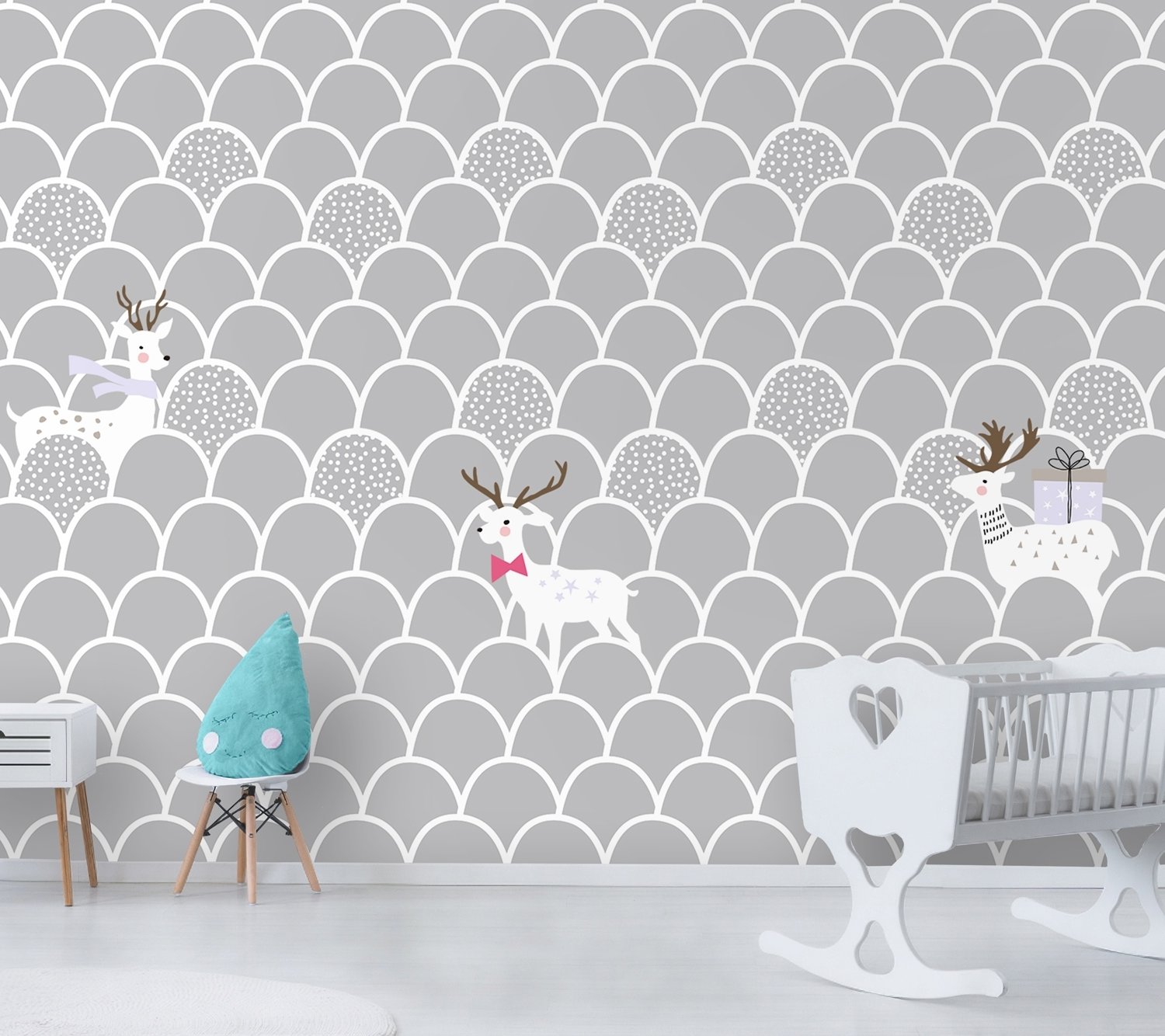 Kids Gray Fishscale Pattern and White Deer Wallpaper Mural - Peel and Stick