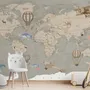 Kids Soft Brown Political World Map with Drawing Animals Wallpaper Mural