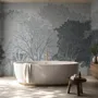 Light gray wallpaper mural with misty forest trees, falling leaves and birds