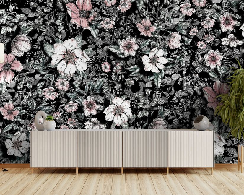 Dark Floral with White Daisy Wallpaper Mural