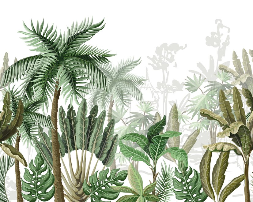Tropical Cartoon Palm Tree and Banana Leaves Wallpaper Mural