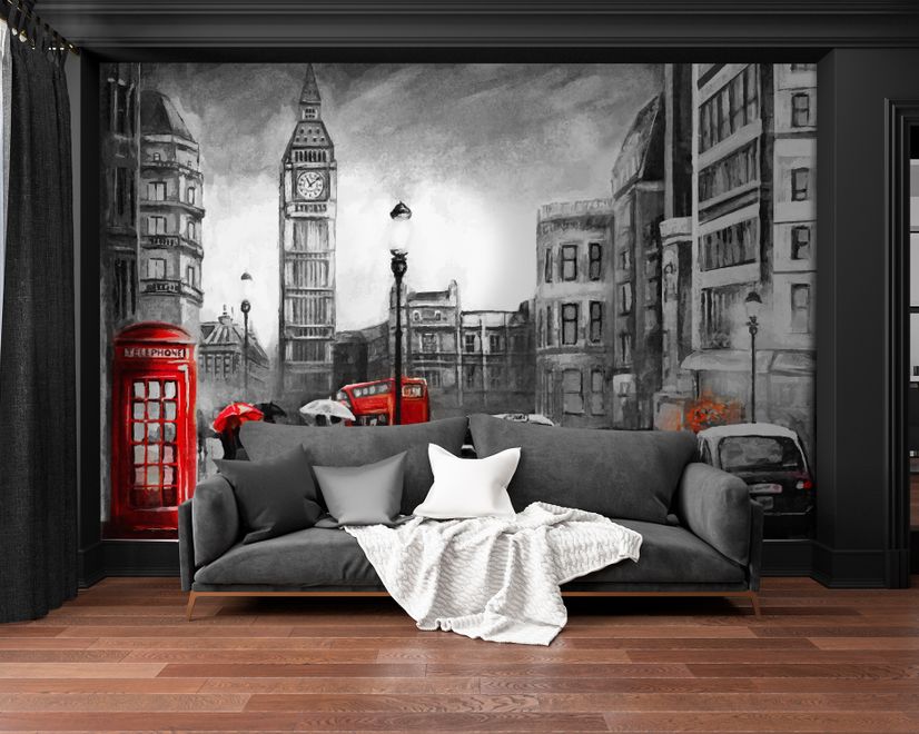 Monochrome Charcoal City Landscape and Red Bus Wallpaper Mural