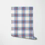 Blue and red plaid wallpaper with denim blue, cream and sky blue woven checks and fine red stripes