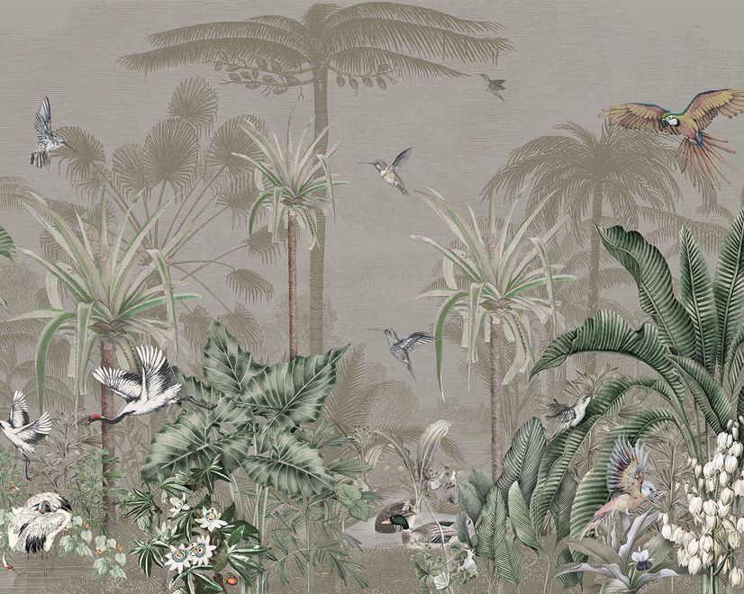 Retro Soft Forest with Stork Wallpaper Mural