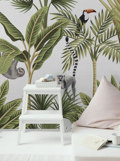 Papier peint panoramique feuilles de bananier avec toucan et lémurien