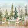 Kids Watercolor Pine Tree Forest with Animals Wallpaper Mural