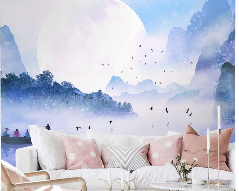 Kids Lakescape with Little Canoe Wallpaper Mural