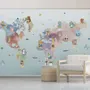 Pink Purple World Map with Animals Wallpaper Mural