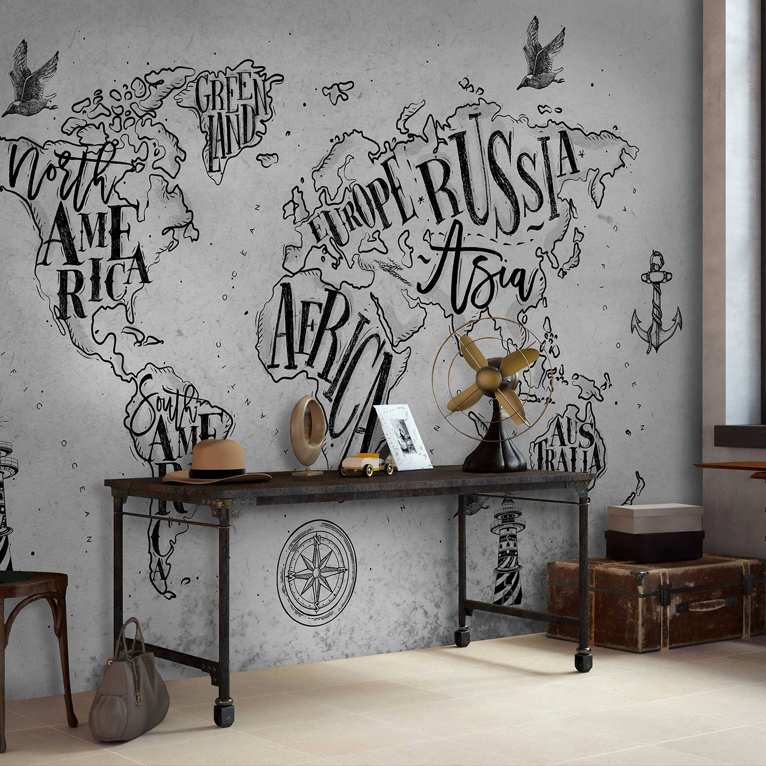 Vintage Charcoal World Map Wallpaper Mural - Peel and Stick
