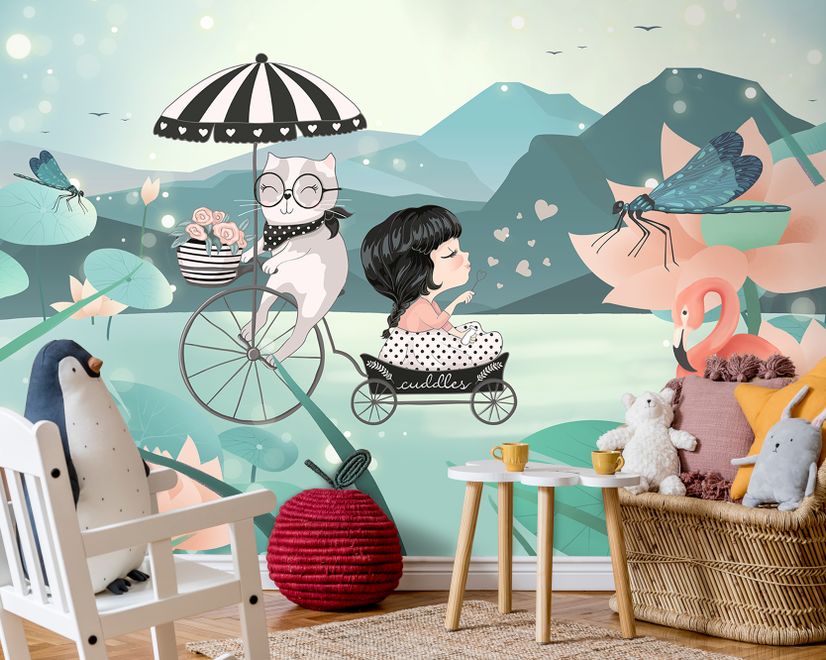 Cute Little Girl with Cat and Pink Lotus Cartoon Wallpaper Mural for Girls Room