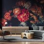 Papier peint bouquet floral sombre orchidée orange hortensia rose