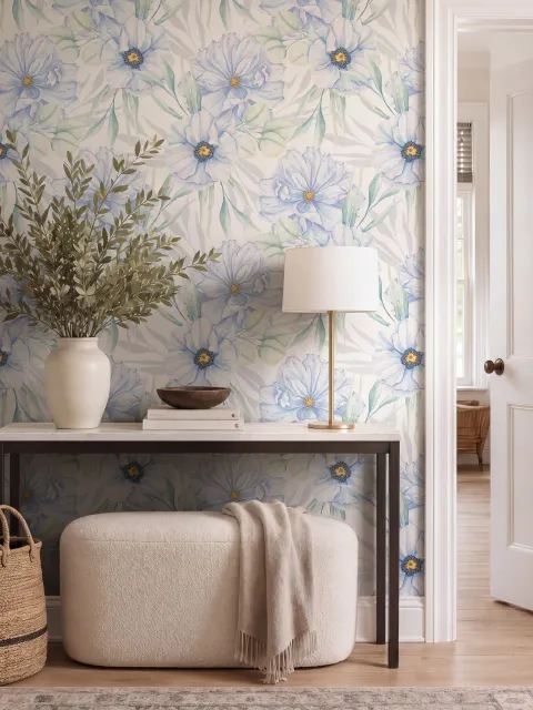 Blue floral wallpaper with watercolour anemone blooms, mint sage leaves and yellow ochre centres on white