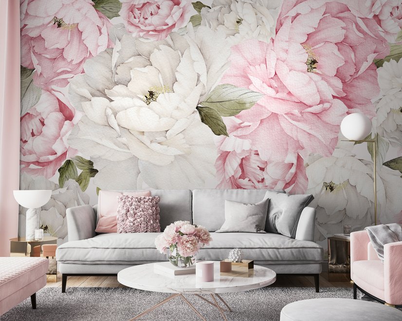 Papier peint panoramique aquarelle rose pivoine fleurie pour chambre d'enfant