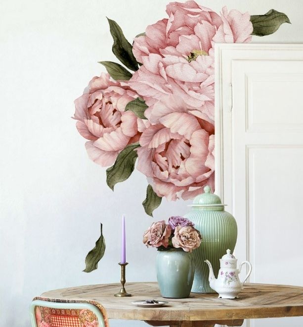 Pink Peony Florals with Green Leaf Wall Decal Sticker