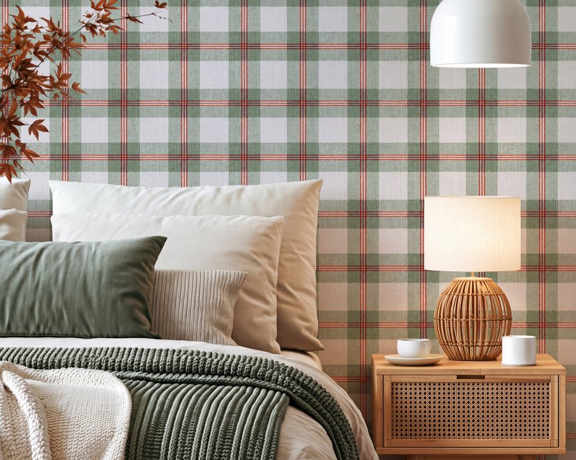 Sage green and cream-white tartan plaid wallpaper with deep red stripes and woven thread texture