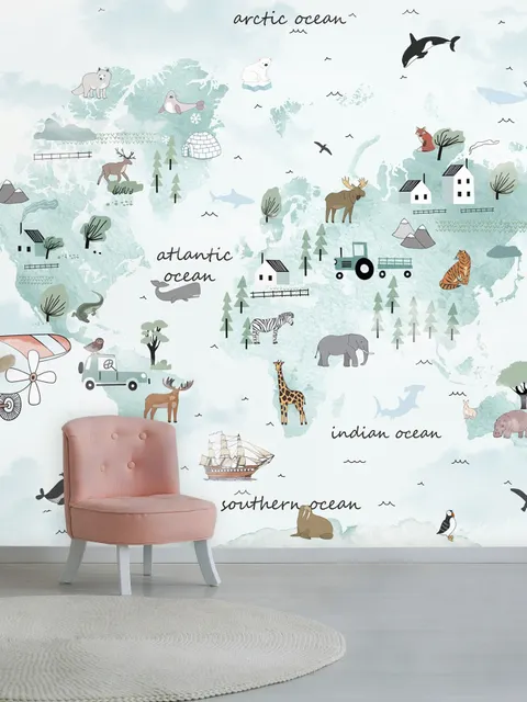 Papier peint  panoramique carte monde bleue animaux lapin volant enfants