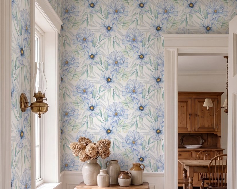Blue floral wallpaper with watercolour anemone blooms, mint sage leaves and yellow ochre centres on white