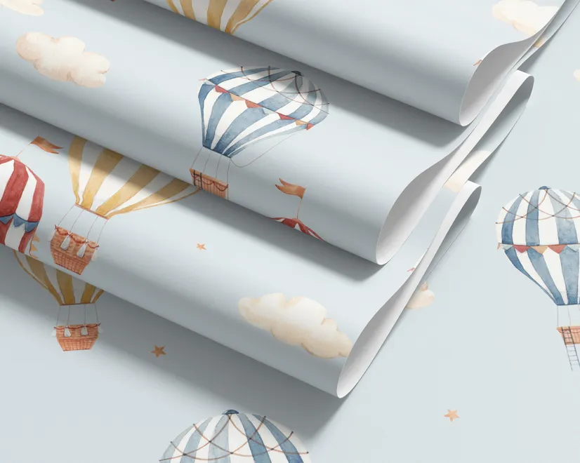 Hot air balloon wallpaper with watercolor balloons, ivory clouds and peach gold stars on pale powder blue