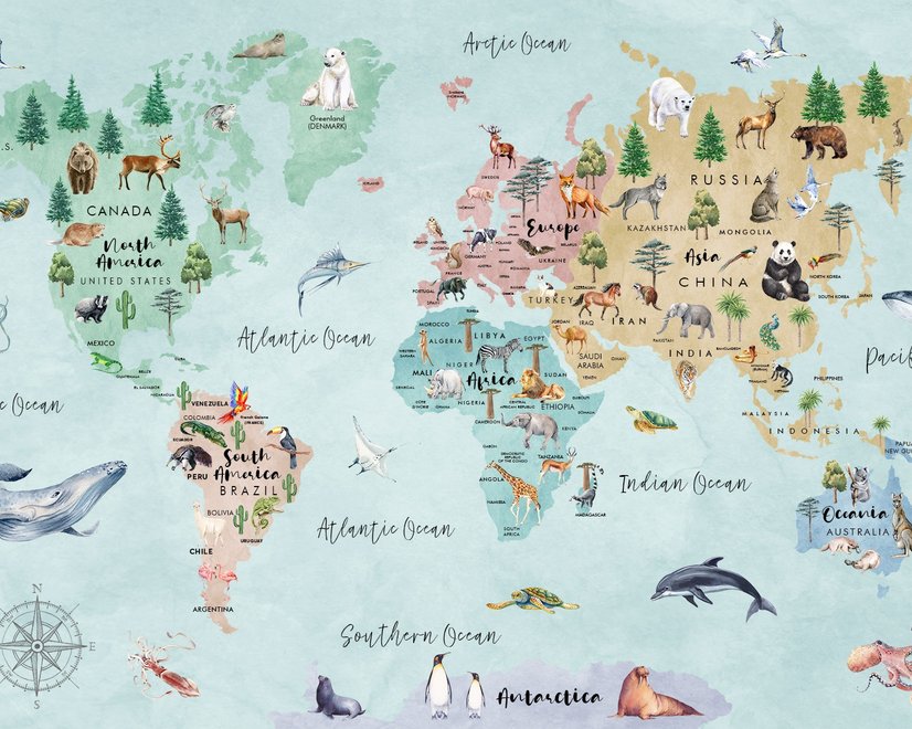 Papier peint panoramique aquarelle de la carte du monde pour les enfants