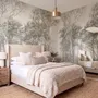 Coastal woodland wallpaper mural with grey trees, sandy path, sea horizon and small white sailboats