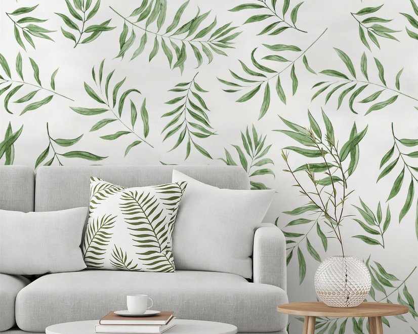 Papier peint motif feuilles palmier vert aquarelle
