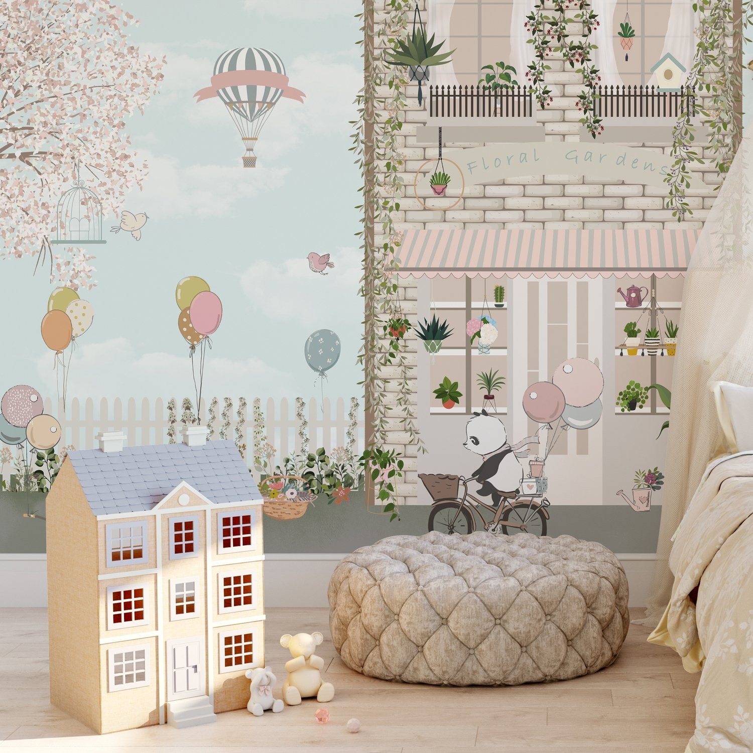Panda Bear with Balloons in front of Floral Garden Home Kids Wallpaper Mural - Peel and Stick