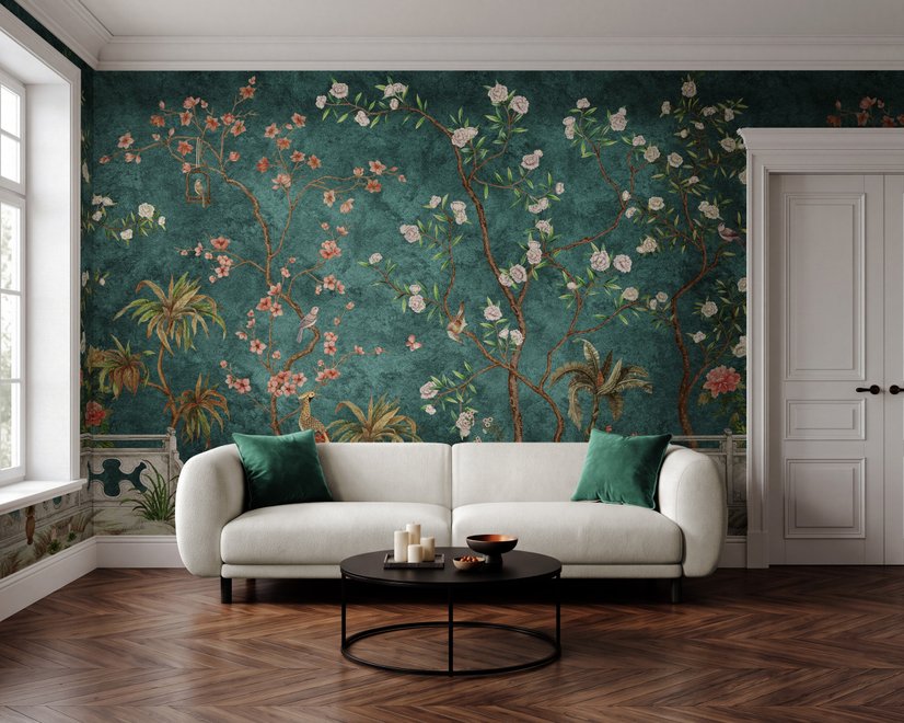 Floral wallpaper with birds in a teal chinoiserie garden with blossoms, pheasant, palms and stone railings