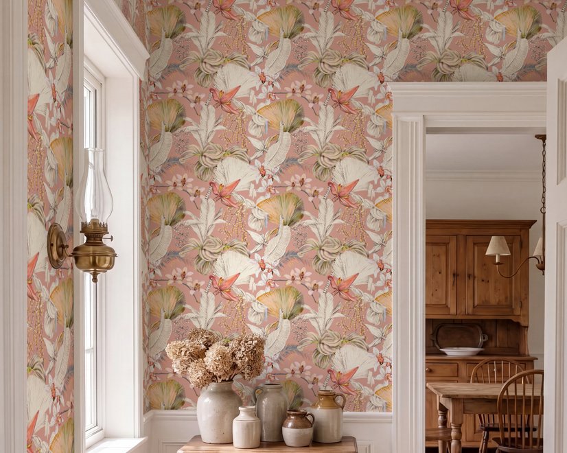 Pink tropical wallpaper with ivory fan palms, orchids, coral blossoms and sage foliage on dusty rose