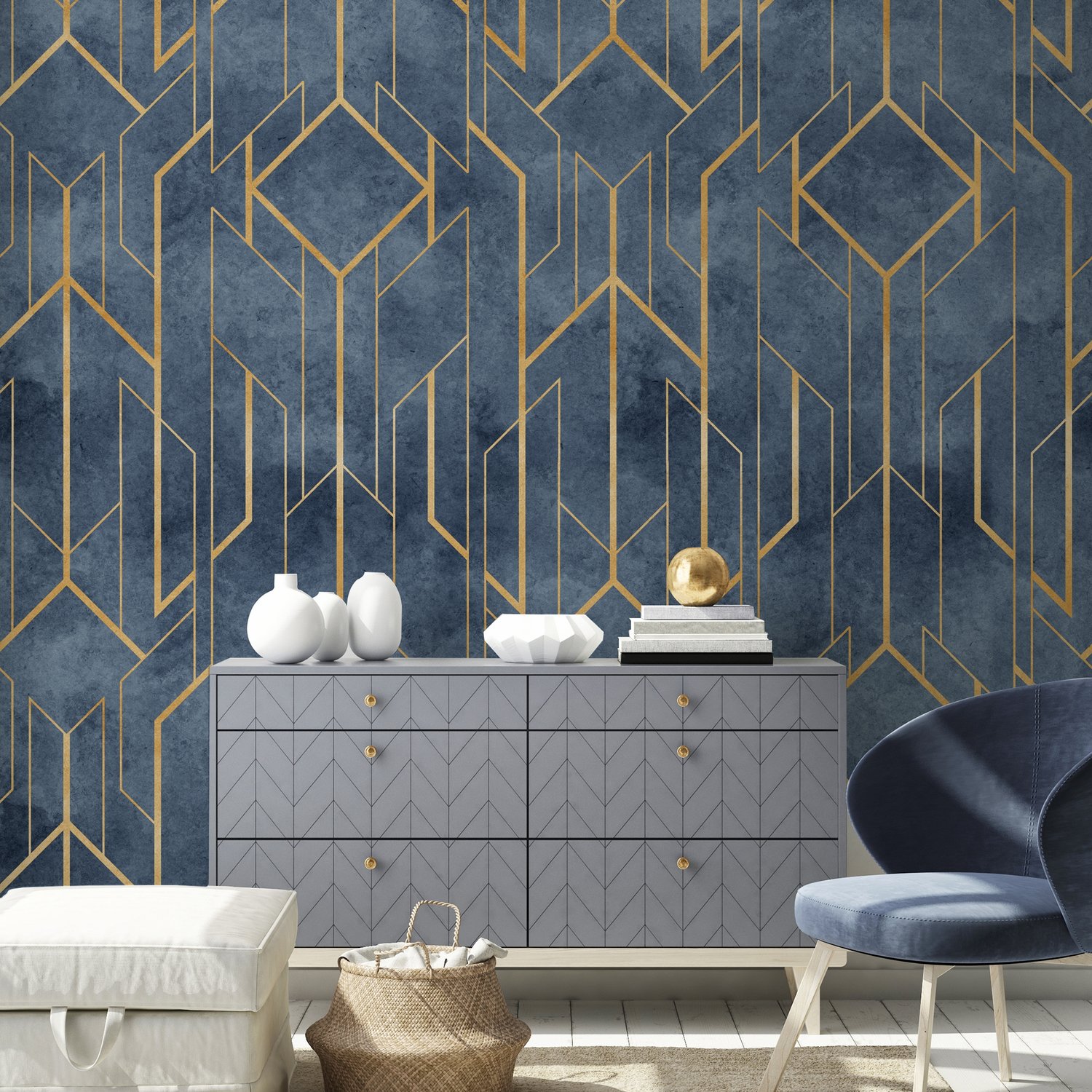 Rhombus Geometric Lines Art Deco Wallpaper Mural - Peel and Stick