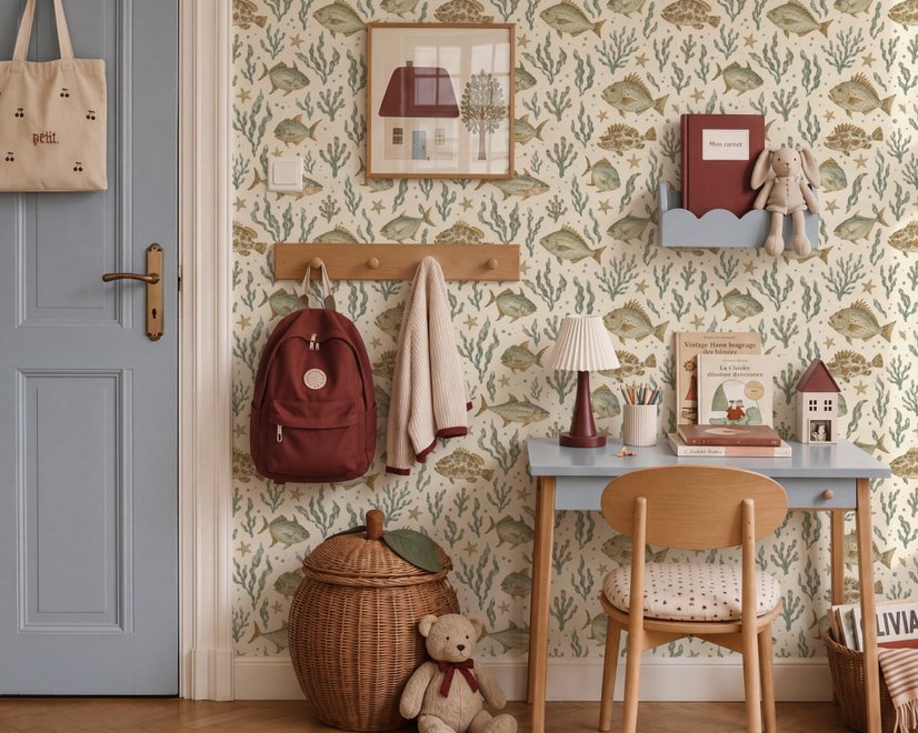 Watercolor fish wallpaper with grey-blue fish, seafoam seaweed, starfish and bubbles on warm cream