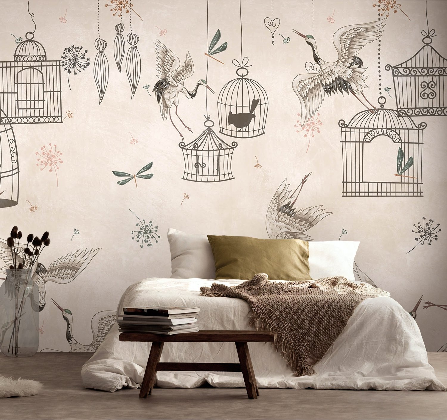 Japanese Crane Birds and Empty Cages Wallpaper Mural - Peel and Stick