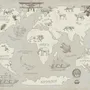 Kids Soft Brown Continent World Map with Drawing Animals Wallpaper Mural