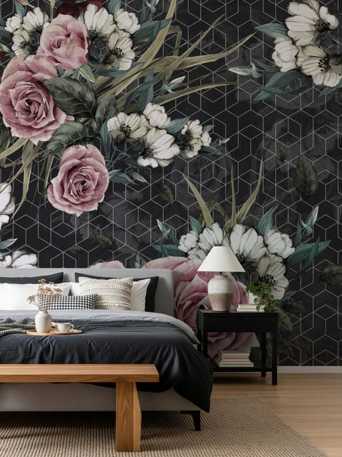 Papier peint panoramique floral coloré avec motif géométrique foncé