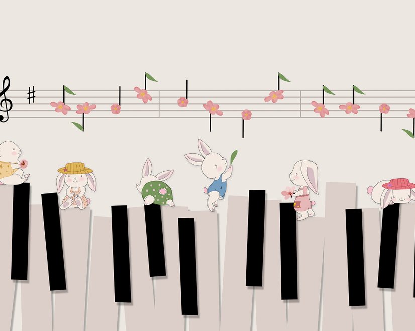 Cartoon Piano with Rabbits Wallpaper Mural