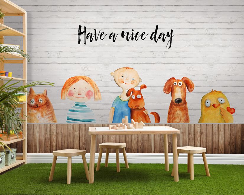 Papier peint panoramique petits enfants et chiens