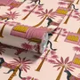 Tropical foliage wallpaper with black panthers, pink palace facades and ochre palms on pale peach