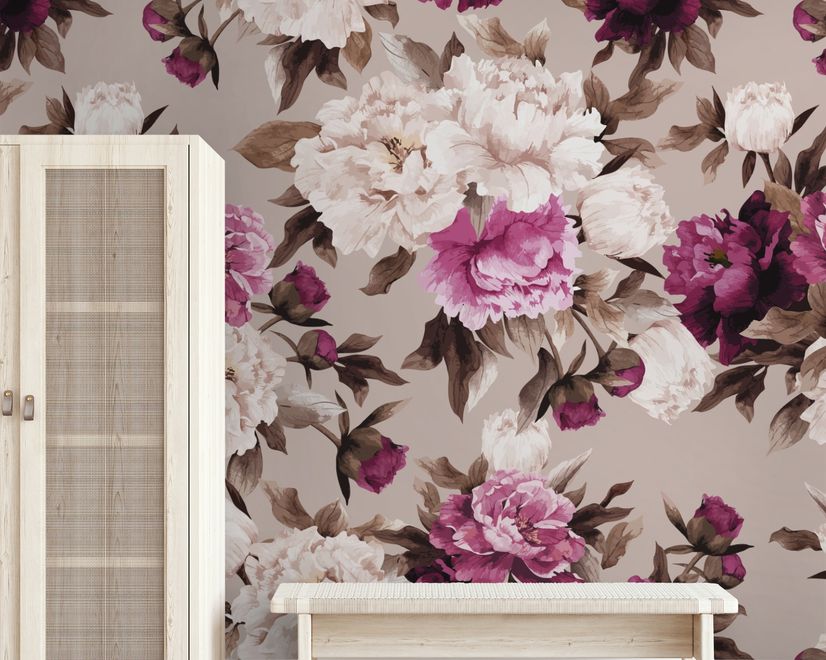 Papier peint panoramique floral crème rose pivoine