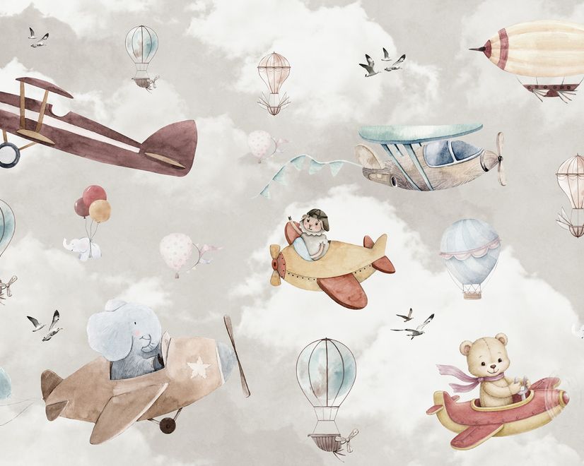 Nursery Cartoon Animals Flying with Aircraft Wallpaper Mural