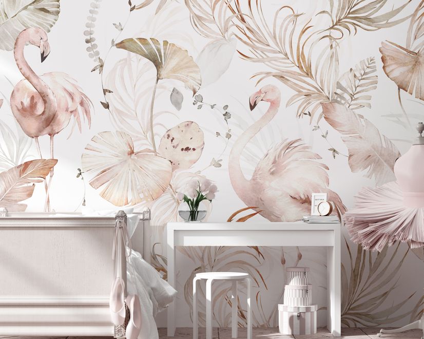 Soft Flamingo Art with Boho Tropical Leaf Wallpaper Mural