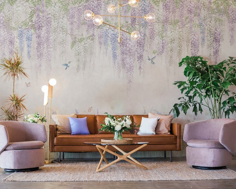 Watercolor Hanging Wisteria Flowers with Hummingbirds Wallpaper Mural 