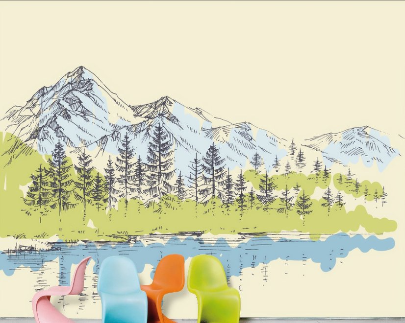 Fototapete mit Kohle-Berglandschaft, See und Kiefern