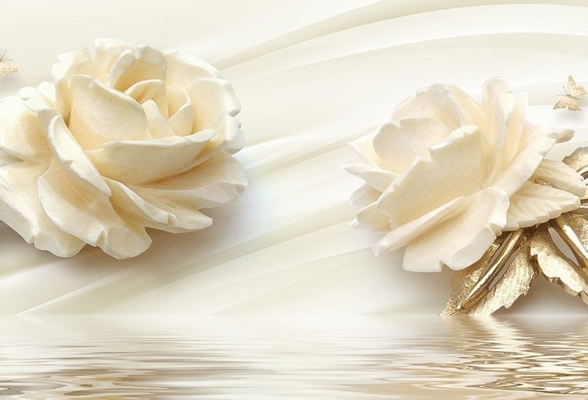 Cream Rose Floral with Water Pattern Wallpaper Mural