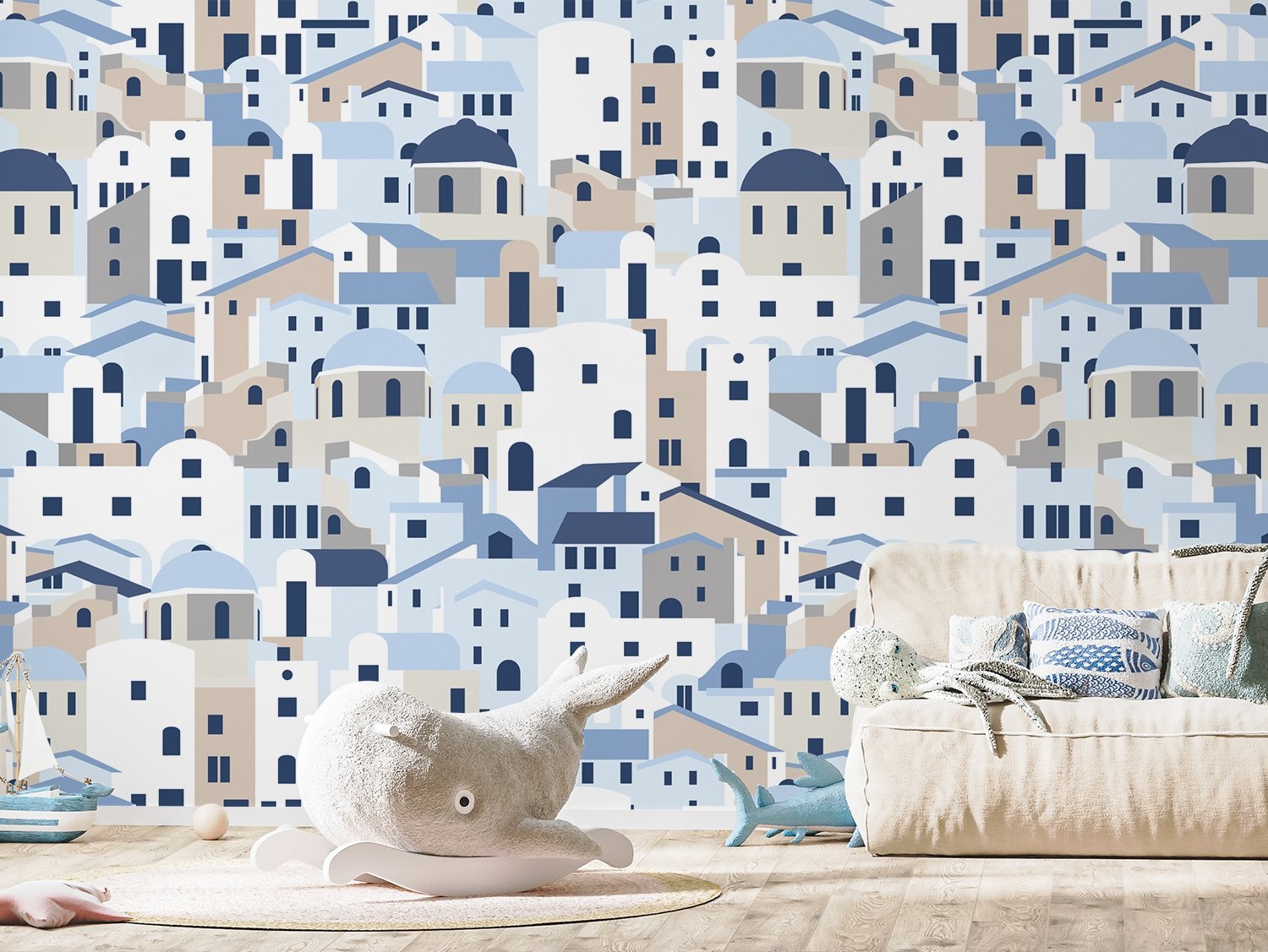 Cartoon Old Blue Greek House Wallpaper Mural - Peel and Stick