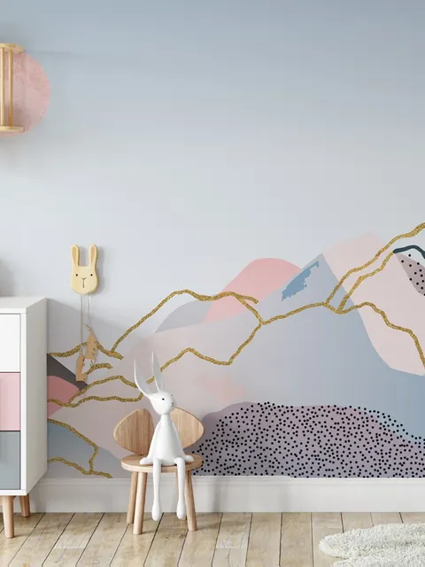 Colorful Mountain with Pink Sun Wallpaper Mural