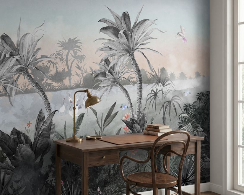 Papier peint perroquet coloré singe mignon forêt douce